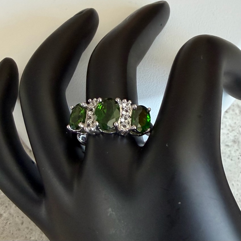 Green Chrome Diopside & White Topaz Sterling Silver Ring, Sz 9
